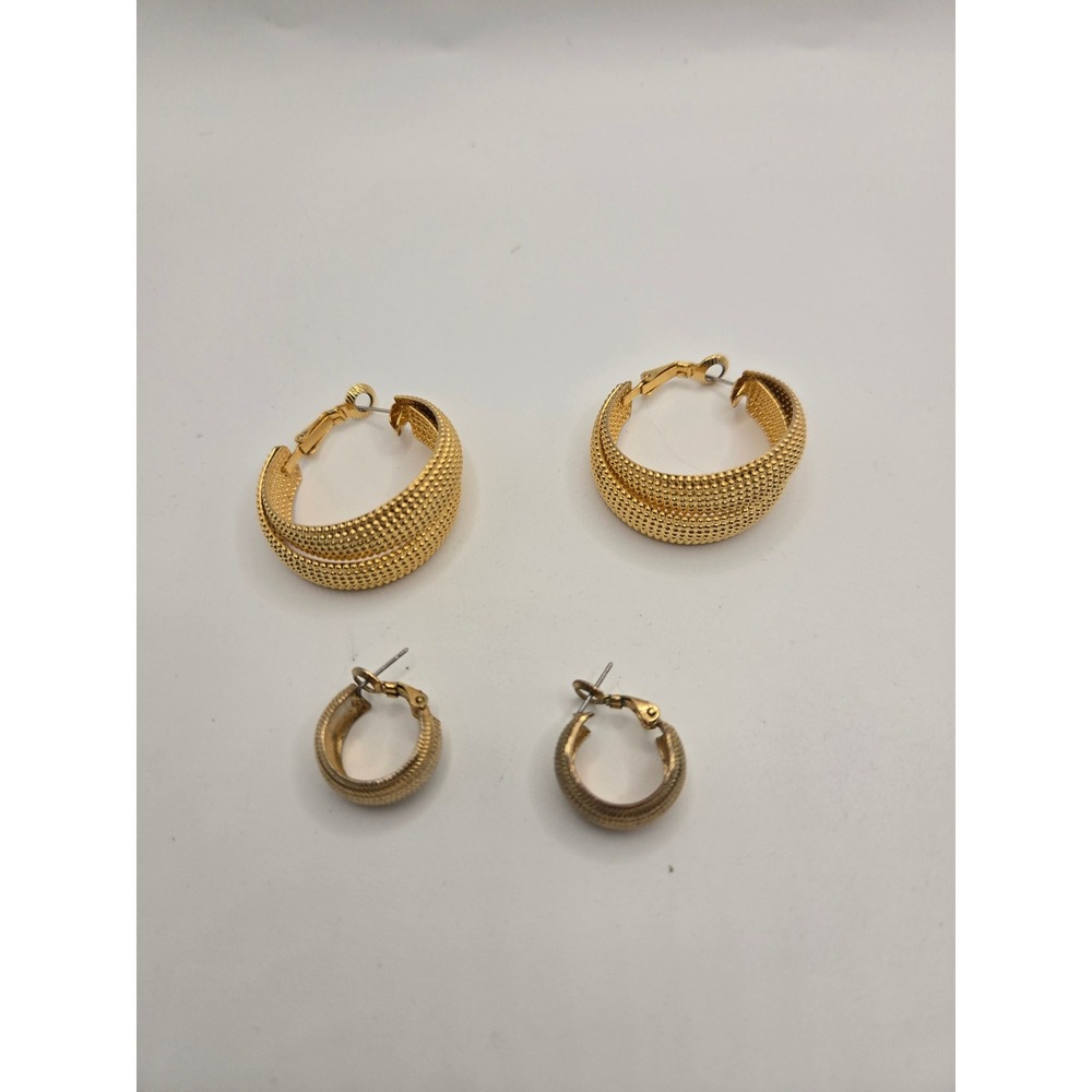 Gold Tone Textured Hoop Earring Set Mesh Dotted and Etched Chevron 2 Pairs
